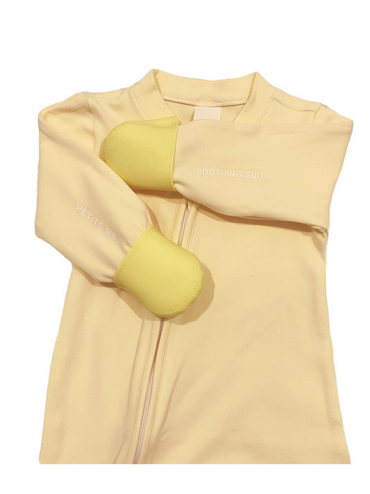 Petite Me Soothing Suit | Yellow | Australia's First Ever Onsie With Soft Silicone Mittens For Your Baby's Itchy Gums. Essential For Your Baby's First Year Of Developement.