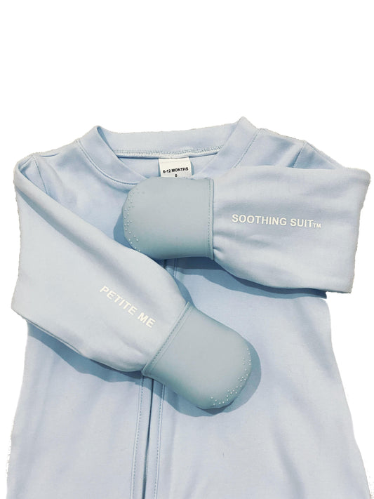 Petite Me Soothing Suit | Blue | Australia's First Ever Onsie With Soft Silicone Mittens For Your Baby's Itchy Gums. Essential For Your Baby's First Year Of Developement.