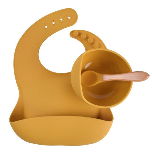 Adjustable Silicone Bib, Suction Bowl & Wooden Spoon